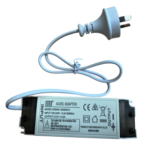 a white power adapter with a cord 240VAC to 12VDC